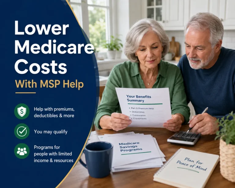 Older adult couple reviewing Medicare papers, calculator, and benefits letter at a kitchen table while learning how Medicare Savings Programs may help lower Medicare costs.