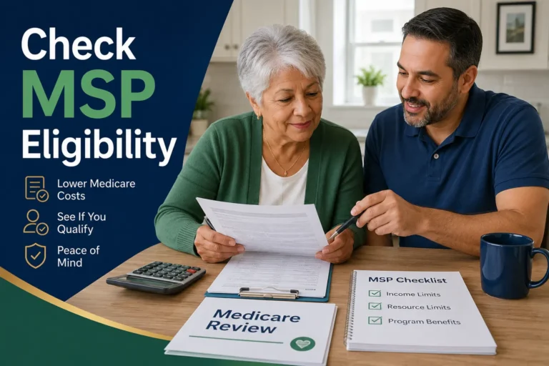 Older adult reviewing Medicare paperwork with a family member while checking Medicare Savings Program eligibility using documents, a calculator, and a checklist.