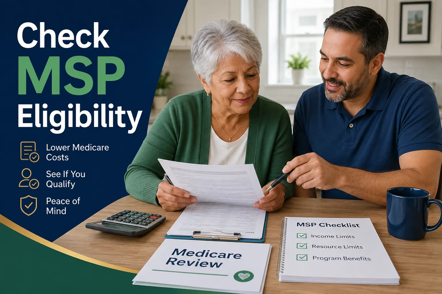 Older adult reviewing Medicare paperwork with a family member while checking Medicare Savings Program eligibility using documents, a calculator, and a checklist.