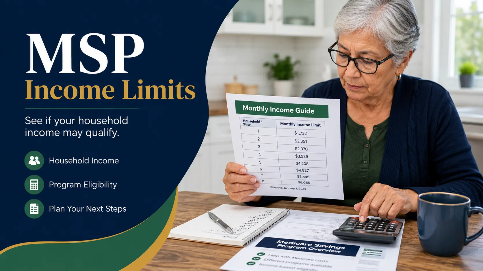 Older adult reviewing Medicare Savings Program income limits with benefit paperwork, calculator, and household budget documents at a kitchen table.