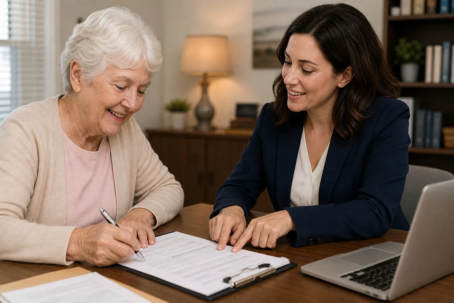 Benefits counselor helping a senior fill out a state Medicaid application