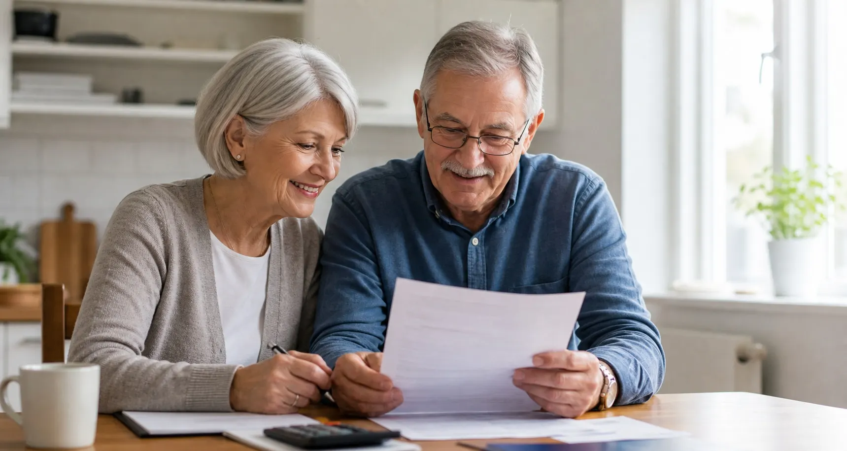 Older couple at home smiling while reading a Medicare benefits letter together