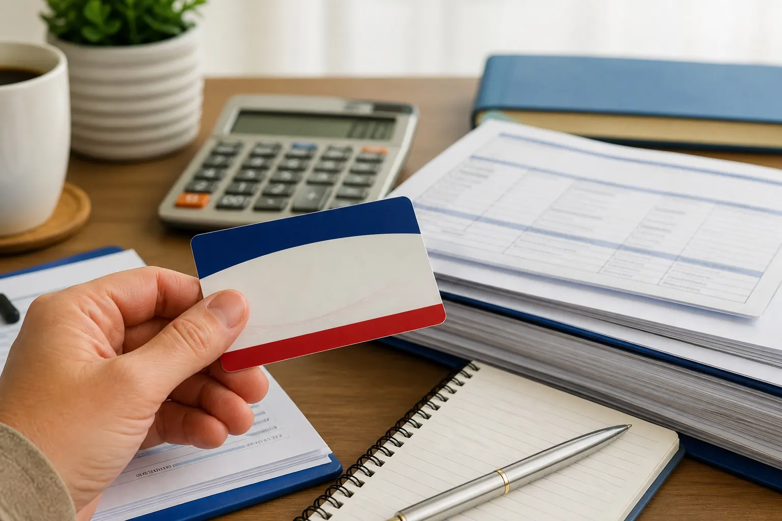 Hand holding a Medicare card on a desk with a calculator and notepad