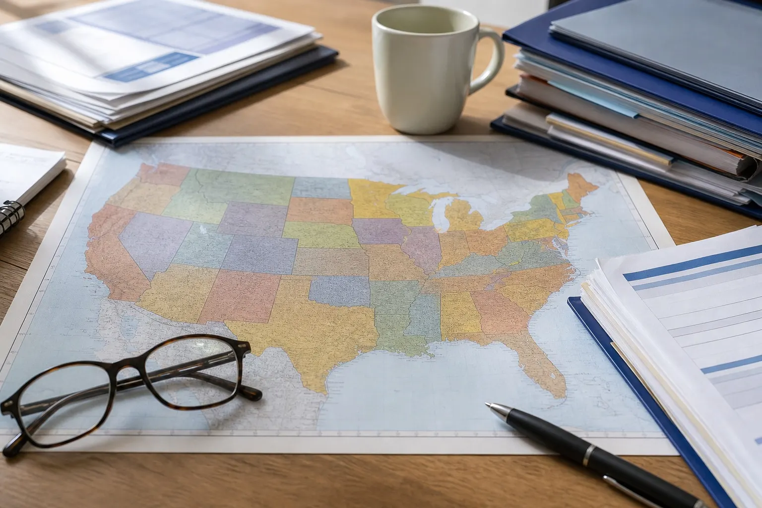 Paper map of the United States with reading glasses and benefits paperwork