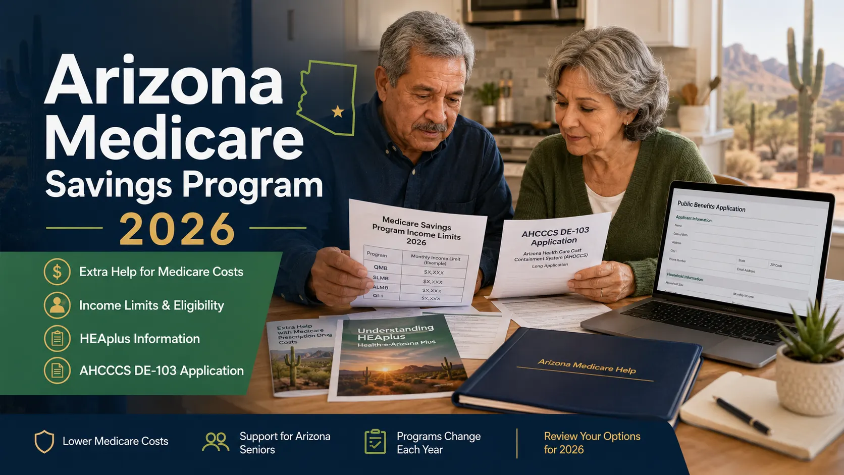 Arizona Medicare Savings Program 2026: Limits & Apply 1 Older Arizona couple reviewing Medicare Savings Program documents, Social Security paperwork and an AHCCCS application at a kitchen table in 2026.