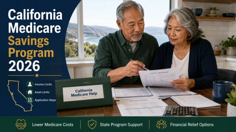 Older California couple reviewing Medicare Savings Program income and property limits, application documents, bank statements, and a calculator at a kitchen table in 2026.