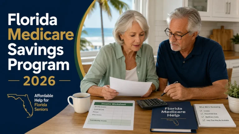 Older Florida couple reviewing Medicare paperwork, an income worksheet, calculator and a Florida Medicare Help folder at a kitchen table for the Florida Medicare Savings Program 2026.