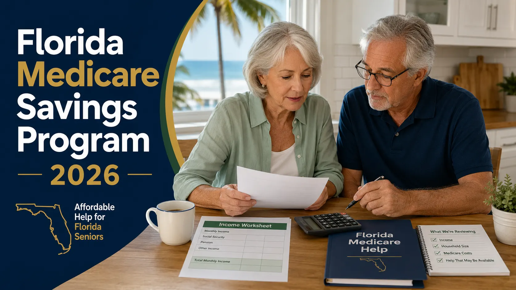 Older Florida couple reviewing Medicare paperwork, an income worksheet, calculator and a Florida Medicare Help folder at a kitchen table for the Florida Medicare Savings Program 2026.