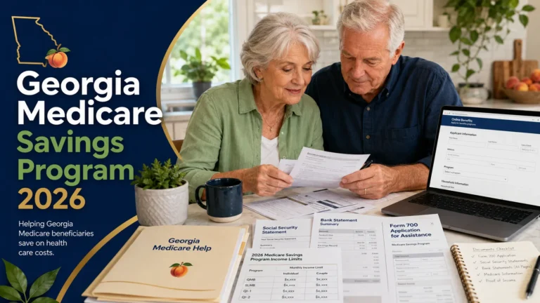 Older Georgia couple reviewing Medicare Savings Program paperwork, bank statements, Social Security documents and a Form 700-style application for 2026.