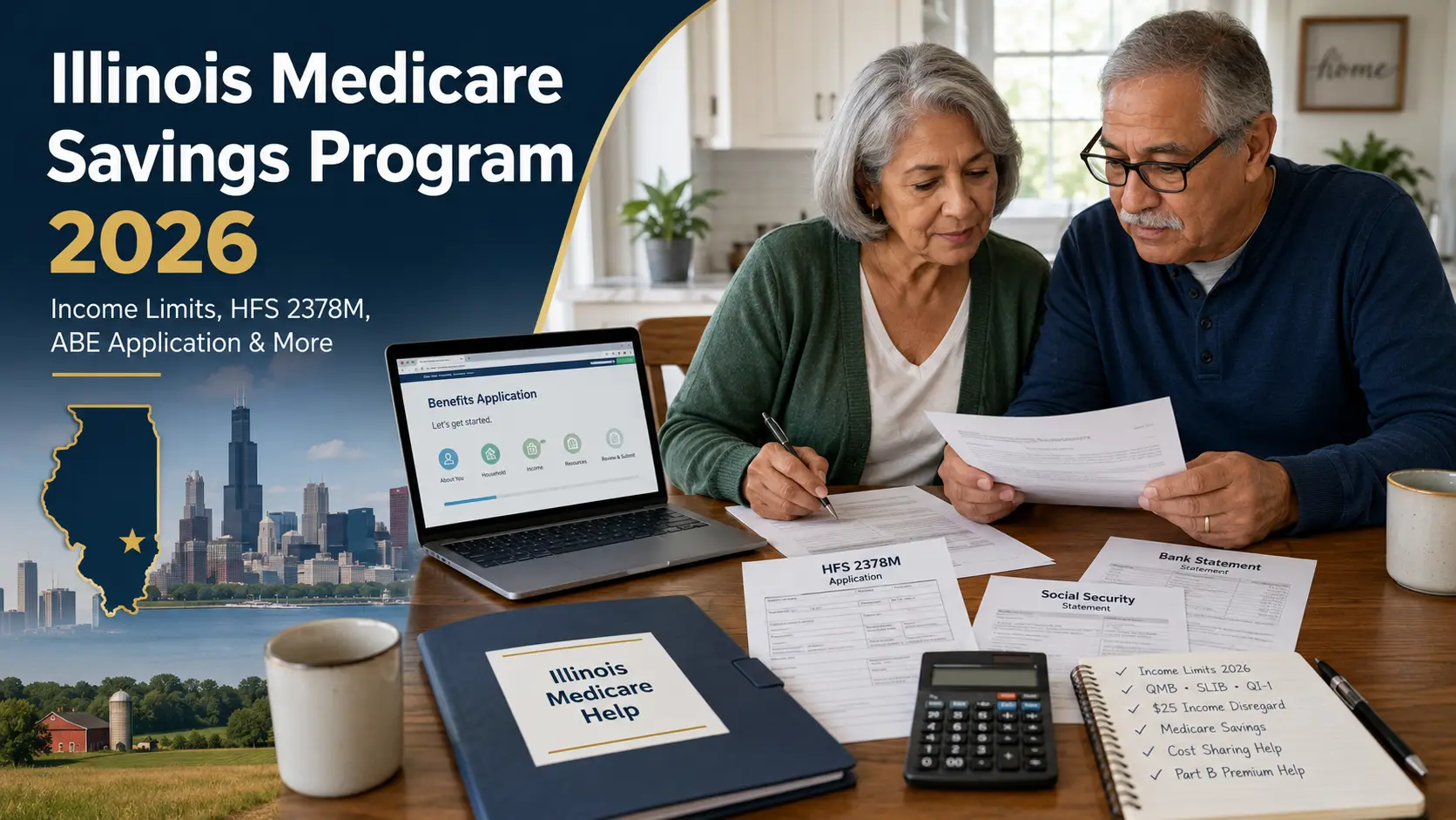 Illinois Medicare Savings Program 2026: Benefits & Apply 1 Older Illinois couple reviewing Medicare Savings Program income limits, HFS 2378M and ABE application information for 2026.