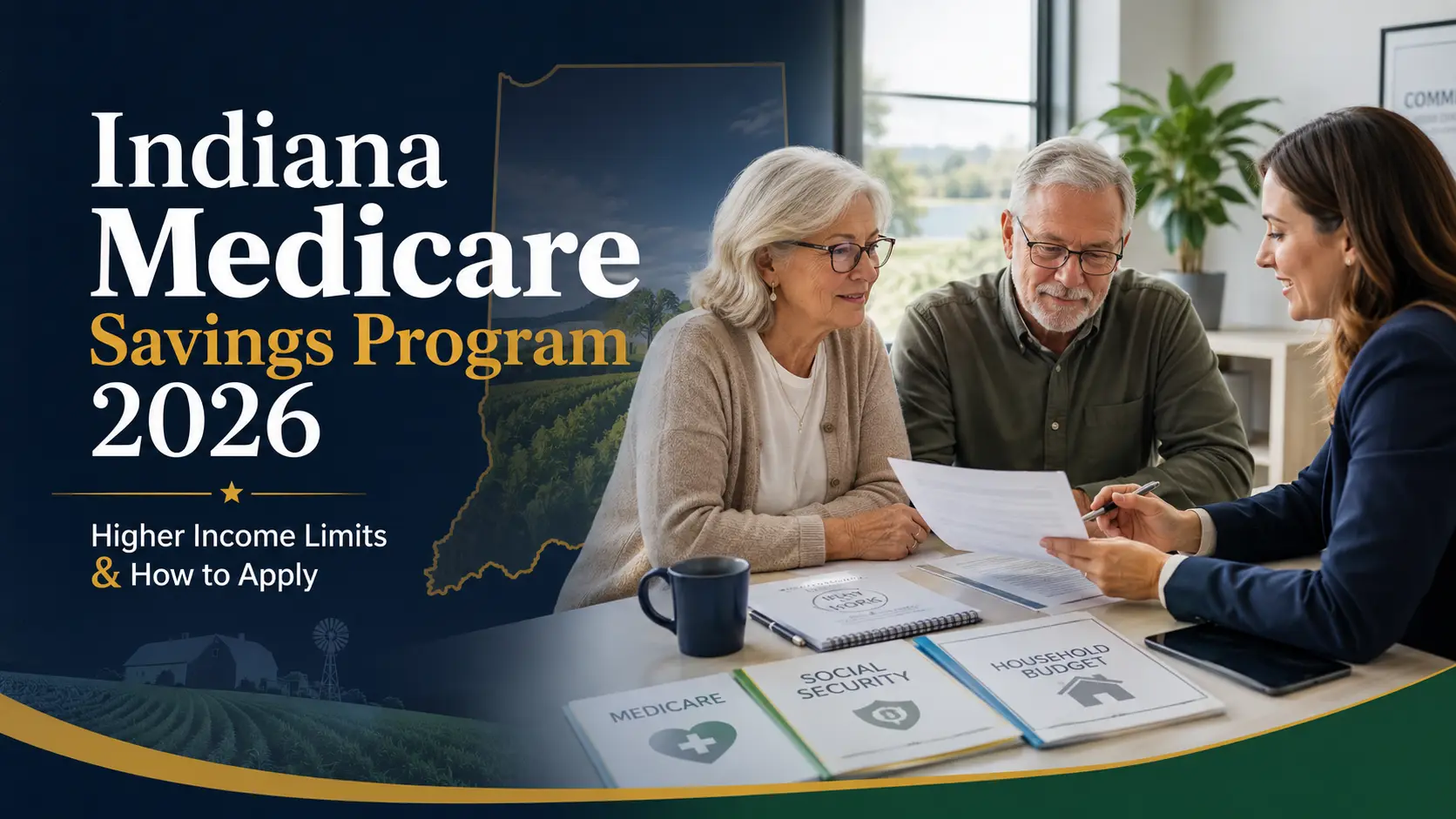 Older Indiana couple reviewing Medicare Savings Program documents with a benefits counselor in a professional office.
