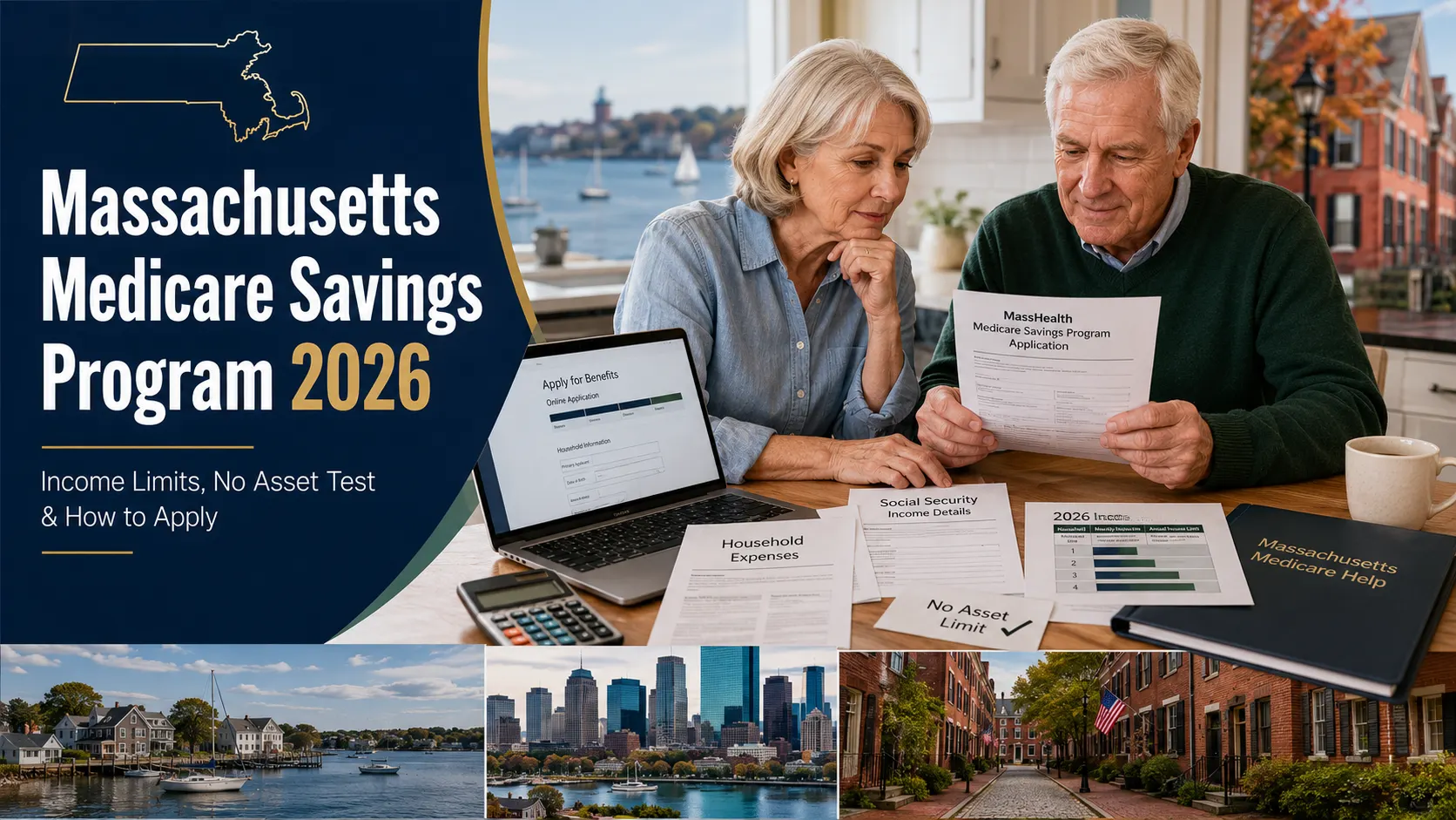 Older Massachusetts couple reviewing Medicare Savings Program paperwork at a kitchen table with a laptop, calculator and benefits documents for the 2026 MSP.