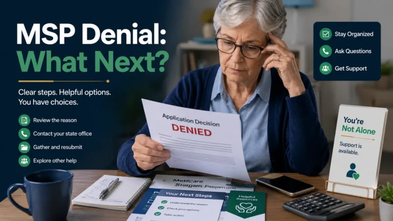 Older adult reading a Medicare Savings Program denial notice at a desk with paperwork, checklist, phone, and calculator.