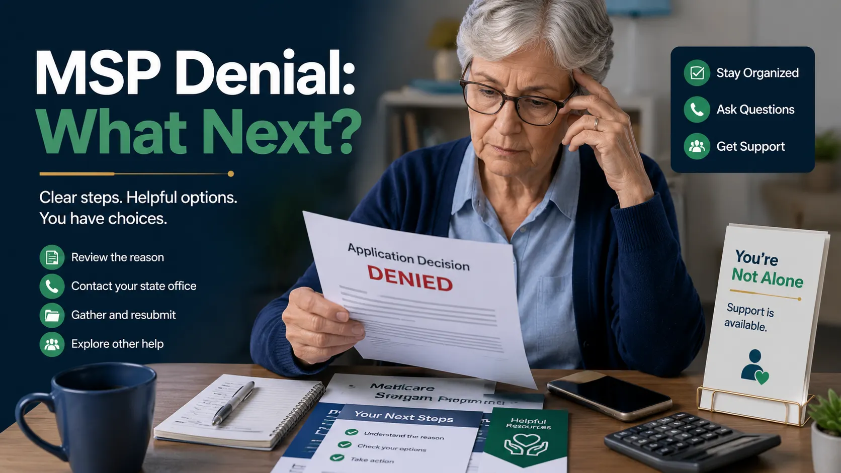 Medicare Savings Program Denied? Reasons & Next Steps 1 Older adult reading a Medicare Savings Program denial notice at a desk with paperwork, checklist, phone, and calculator.