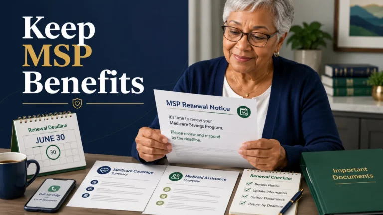 Older adult reviewing a Medicare Savings Program renewal notice with deadline calendar, checklist, phone, and Medicaid paperwork.