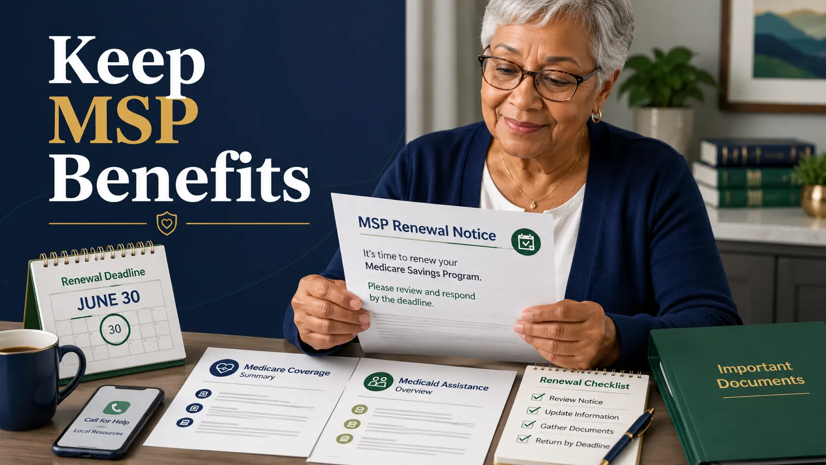 Older adult reviewing a Medicare Savings Program renewal notice with deadline calendar, checklist, phone, and Medicaid paperwork.
