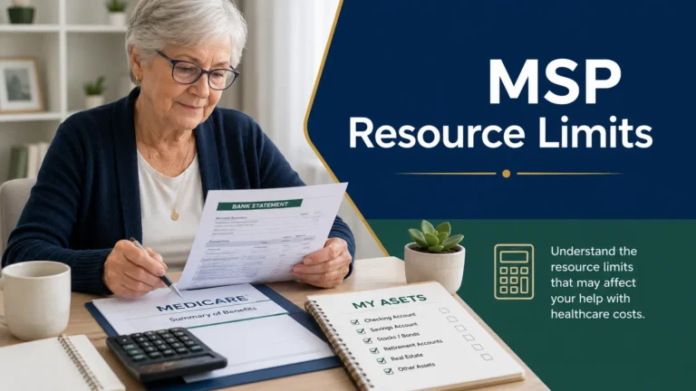 Older adult reviewing bank statements, Medicare paperwork, an asset checklist, and calculator with text MSP Resource Limits.