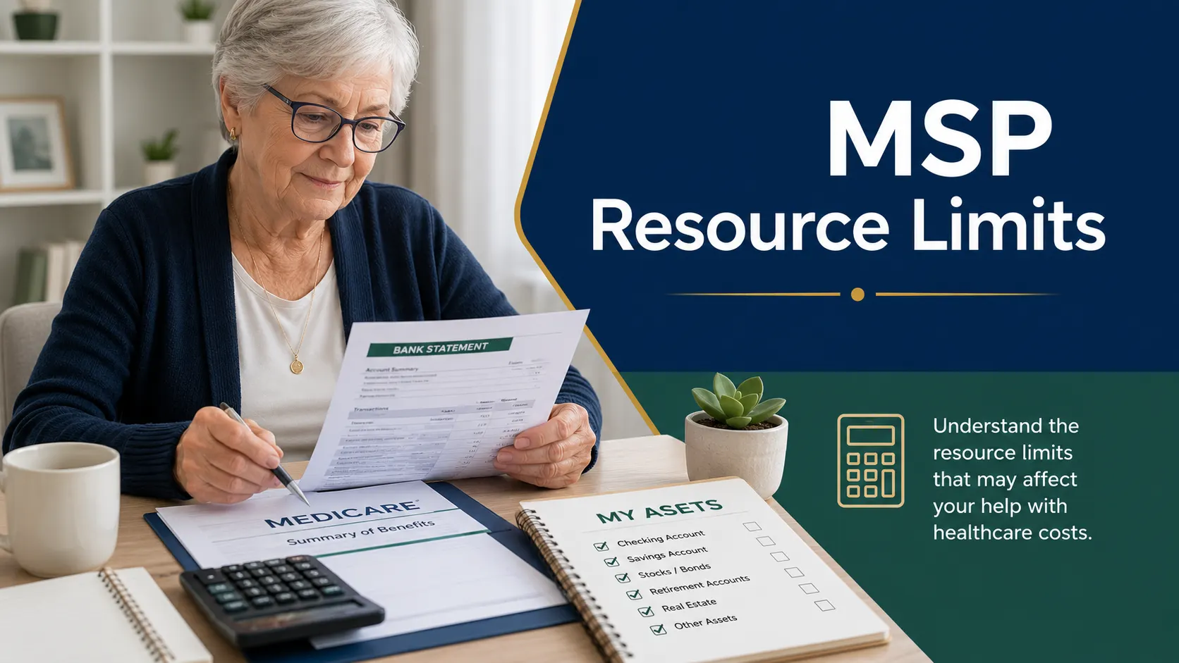 Older adult reviewing bank statements, Medicare paperwork, an asset checklist, and calculator with text MSP Resource Limits.