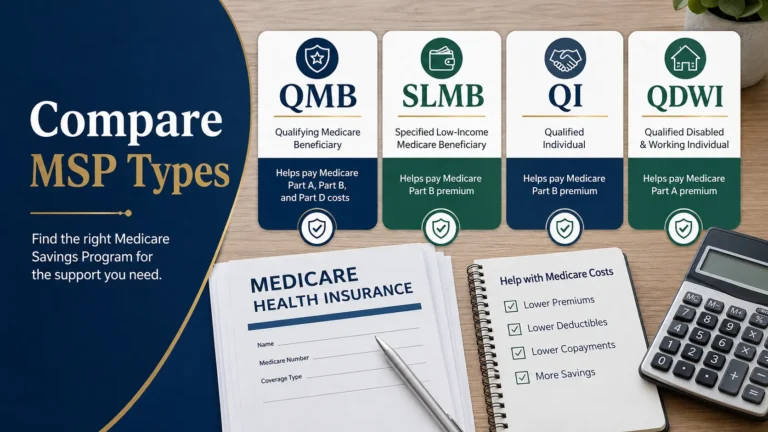 Four Medicare Savings Program cards labeled QMB, SLMB, QI, and QDWI on a desk with paperwork, calculator, and checklist.
