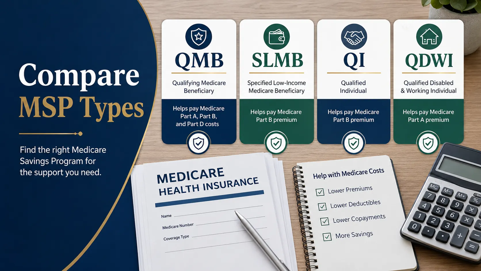 Four Medicare Savings Program cards labeled QMB, SLMB, QI, and QDWI on a desk with paperwork, calculator, and checklist.