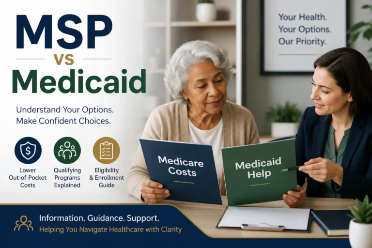 Older adult reviewing Medicare Costs and Medicaid Help folders with a counselor during a Medicare Savings Program vs Medicaid comparison.