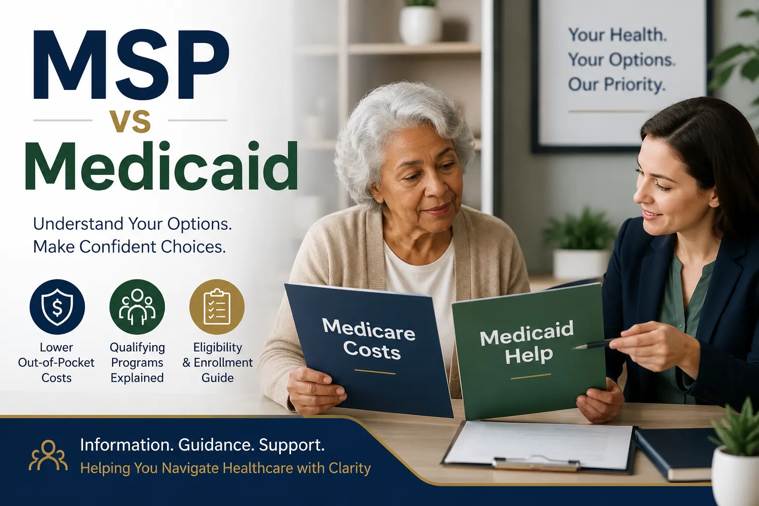 Older adult reviewing Medicare Costs and Medicaid Help folders with a counselor during a Medicare Savings Program vs Medicaid comparison.