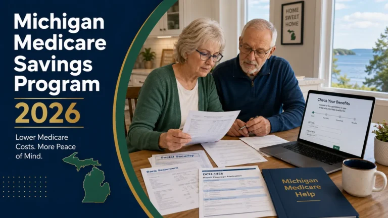 Older Michigan couple reviewing Medicare Savings Program paperwork, Social Security documents, bank statements and a DCH-1426 health coverage application for 2026.