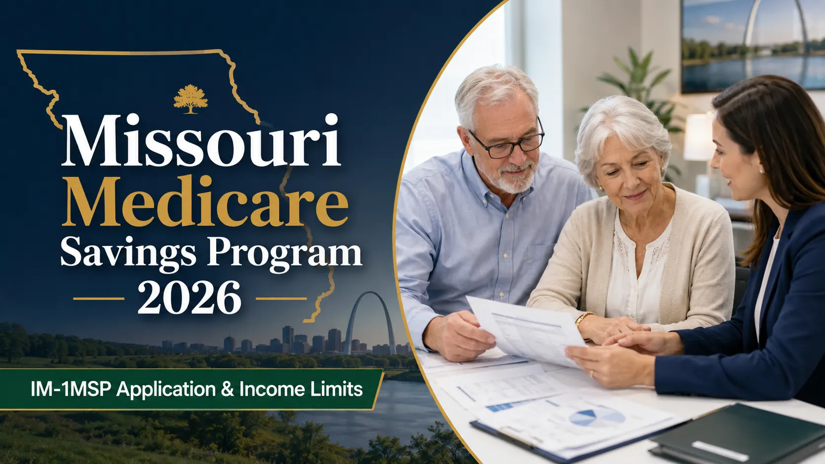 Older Missouri couple reviewing Medicare Savings Program documents with a benefits counselor in a professional office.