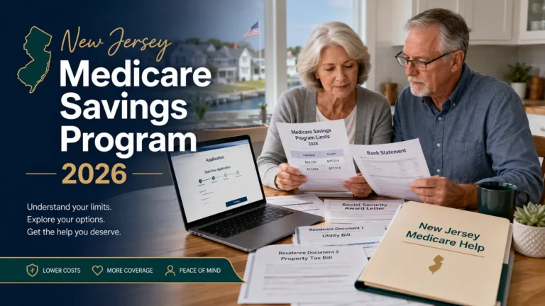 Older New Jersey couple reviewing Medicare Savings Program limits, NJSave application documents, residence proofs and financial records for 2026.