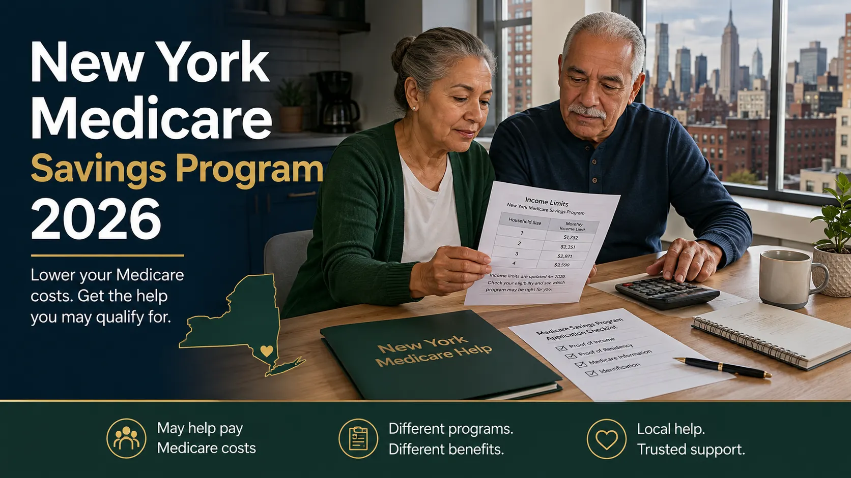 Older New York couple reviewing Medicare Savings Program income limits, application paperwork and a calculator for 2026.