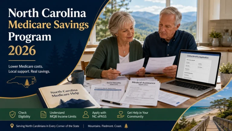 Older North Carolina couple reviewing Medicare Savings Program paperwork, income information, bank statements and an online benefits form for 2026.