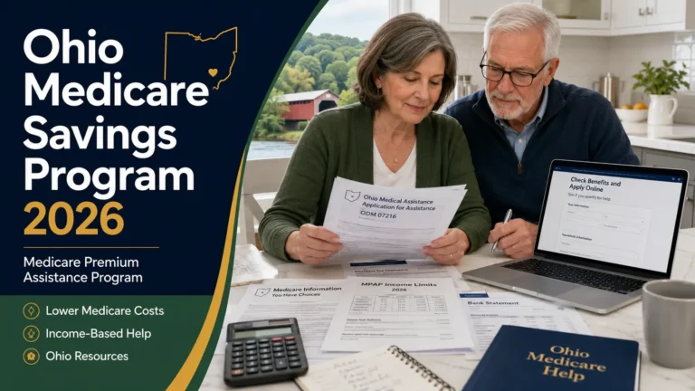 Older Ohio couple reviewing Medicare Savings Program paperwork, income limits, bank statements and an online benefits form for 2026.