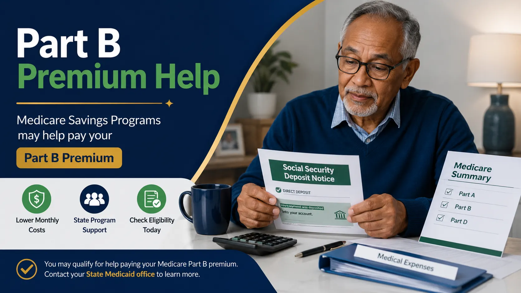 Older adult reviewing Social Security deposit notice and Medicare paperwork with calculator for Part B premium help.