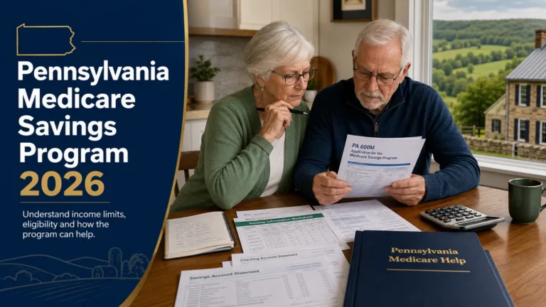 Older Pennsylvania couple reviewing Medicare Savings Program income limits, bank statements, calculator and PA 600M application documents for 2026.