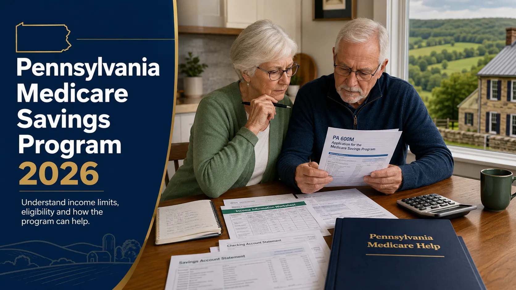 Pennsylvania Medicare Savings Program 2026: Apply Now 1 Older Pennsylvania couple reviewing Medicare Savings Program income limits, bank statements, calculator and PA 600M application documents for 2026.
