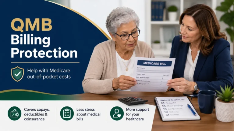Older adult reviewing a Medicare bill with a trusted counselor, calculator, and checklist, illustrating QMB billing protection.