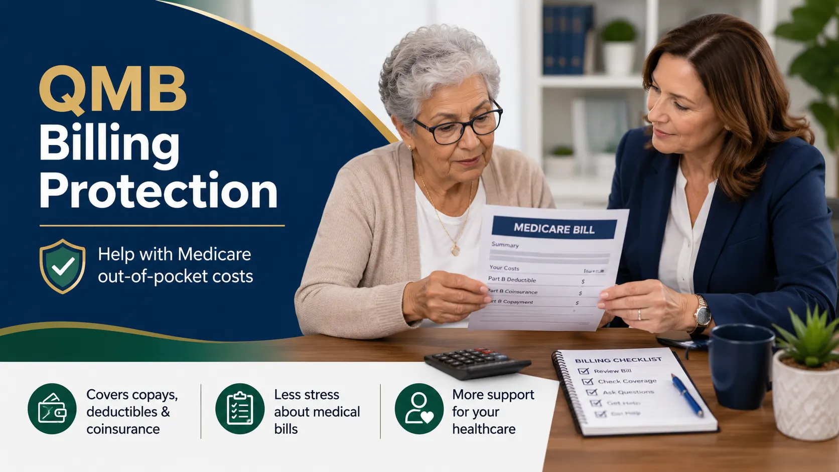 QMB Medicare Savings Program: Benefits & Billing Help 1 Older adult reviewing a Medicare bill with a trusted counselor, calculator, and checklist, illustrating QMB billing protection.