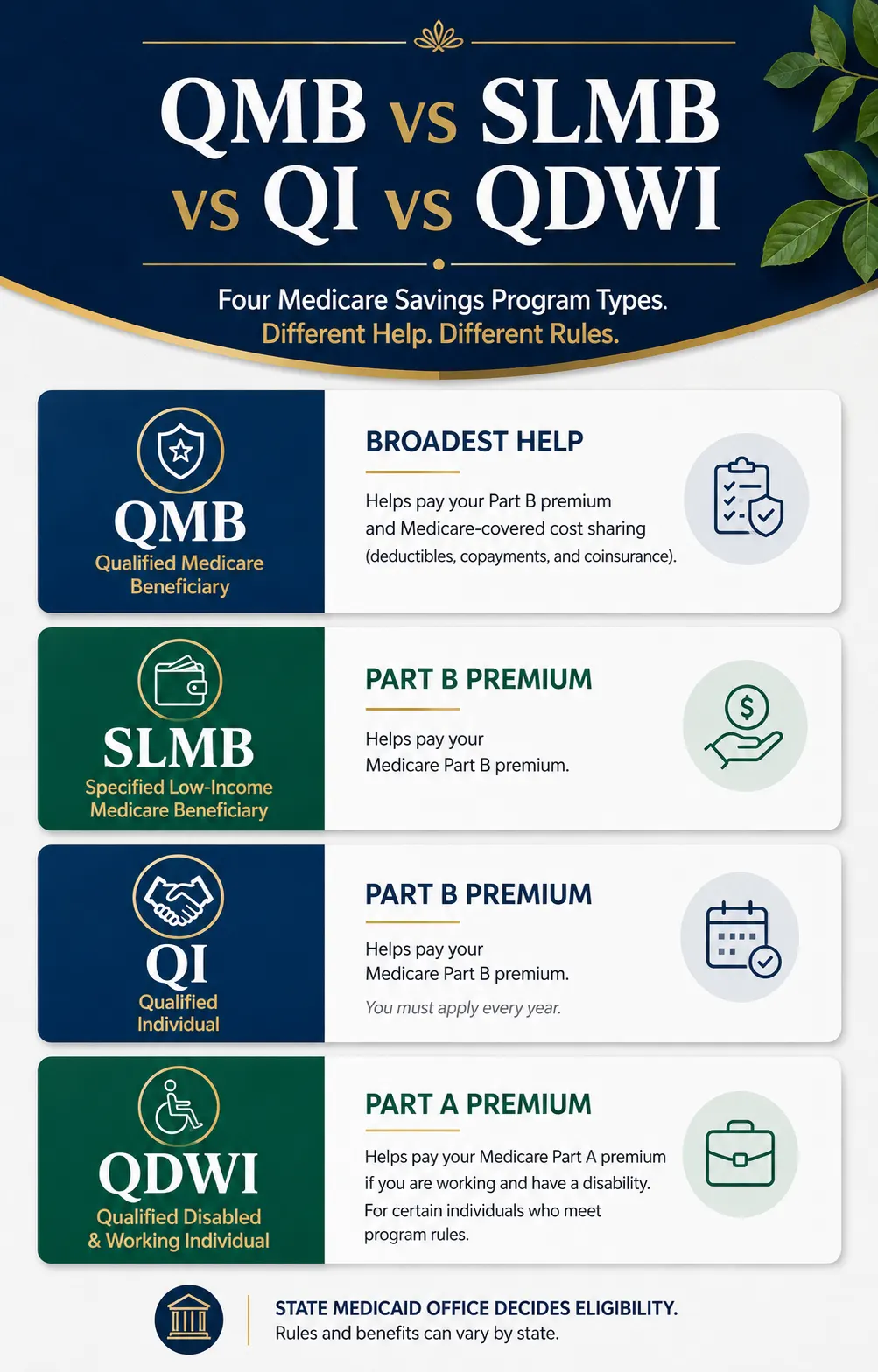 Vertical infographic comparing QMB, SLMB, QI, and QDWI Medicare Savings Program benefits in four stacked cards.
