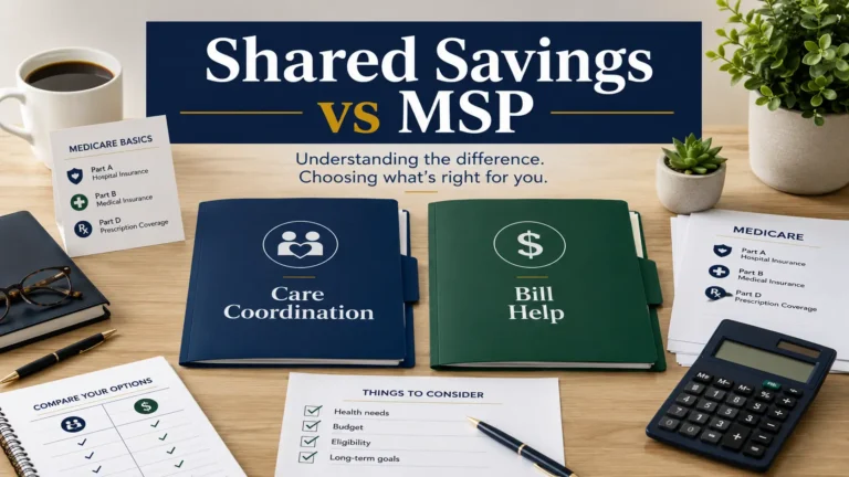 Medicare Shared Savings Program and Medicare Savings Program comparison with care coordination and bill help folders.