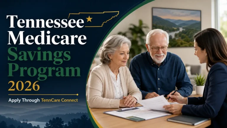 Older Tennessee couple reviewing Medicare Savings Program documents with a benefits counselor in a professional office.