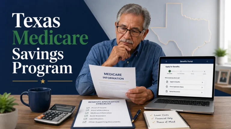 Older Texas resident reviewing Medicare paperwork beside a benefits checklist, calculator, and laptop showing a generic benefits portal.