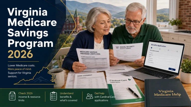 Older Virginia couple reviewing Medicare Savings Program documents, bank statements and Cardinal Care application information for 2026.