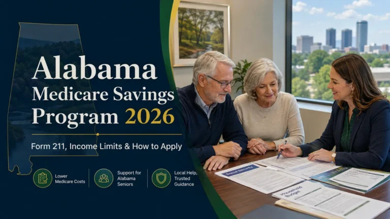 Older Alabama couple reviewing Medicare Savings Program documents with a benefits counselor in a professional office.