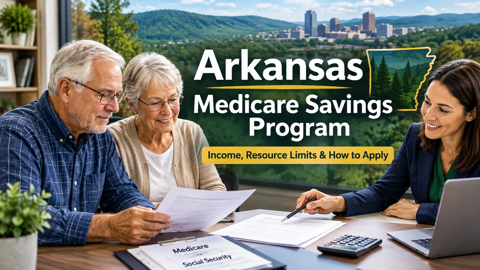 Older Arkansas couple reviewing Medicare Savings Program information with a benefits counselor