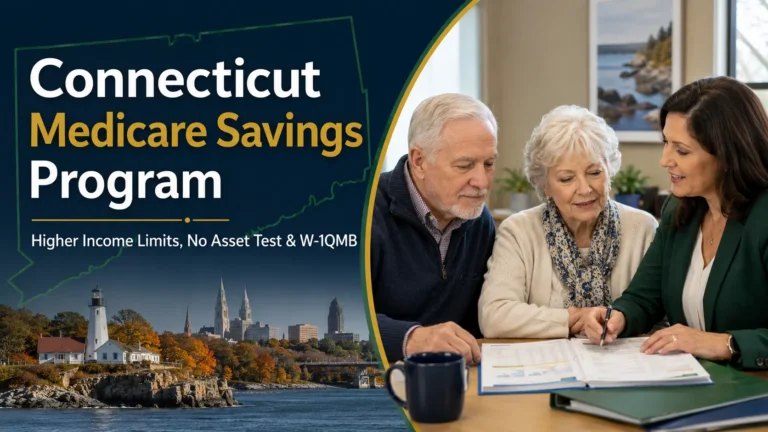Connecticut Medicare Savings Program with older couple reviewing Medicare and income documents with a benefits counselor