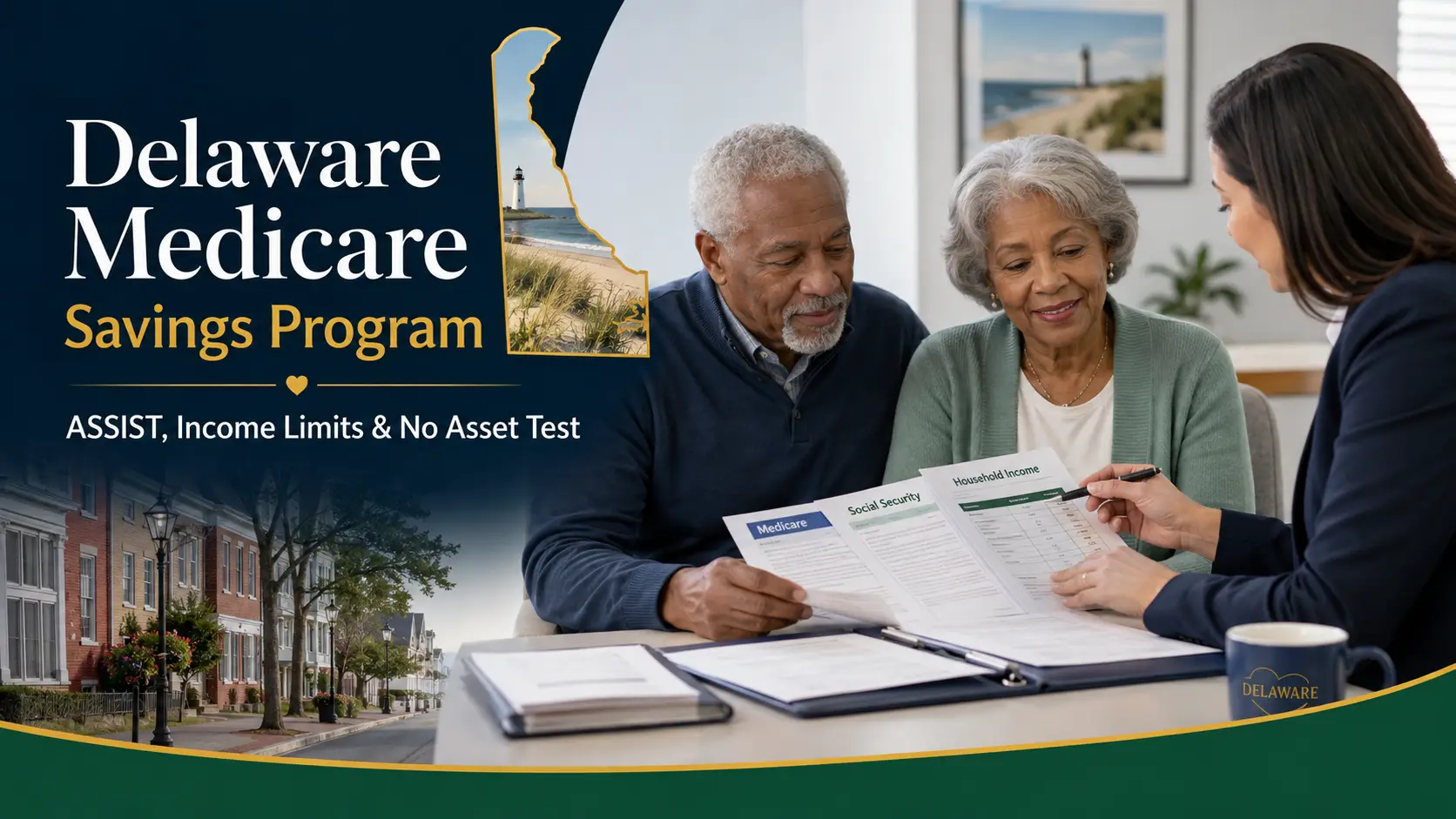 Delaware Medicare Savings Program 2026: No Asset Test & ASSIST 1 Older Delaware couple reviewing Medicare Savings Program income and application information with a benefits counselor.