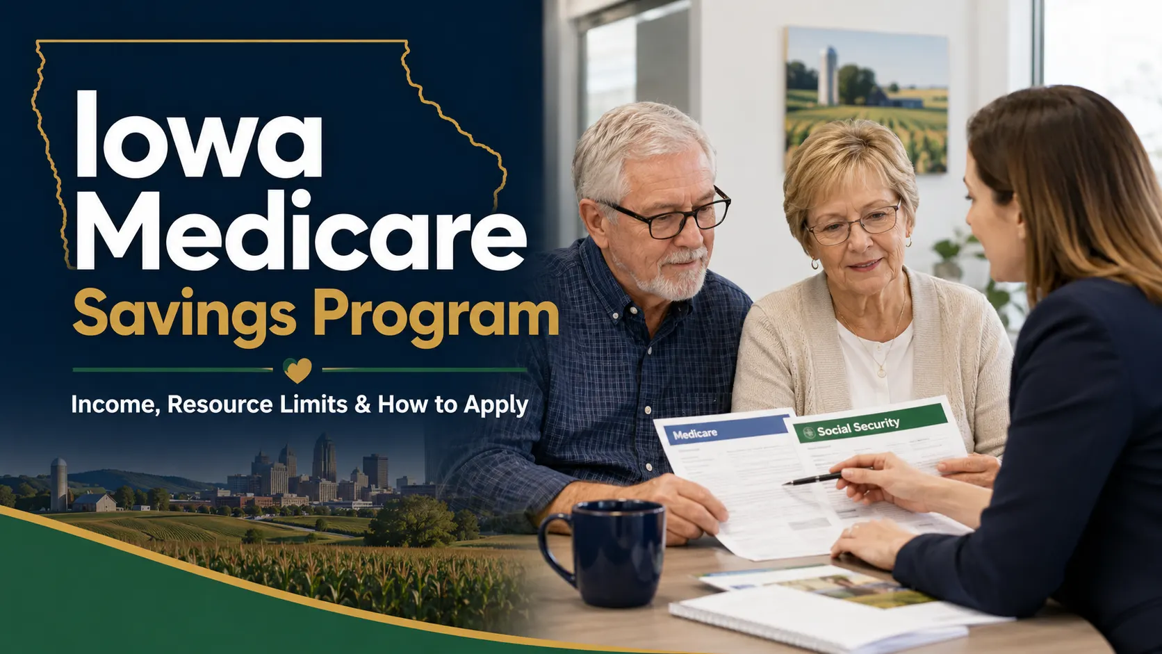 Older Iowa couple reviewing Medicare Savings Program information with a benefits counselor