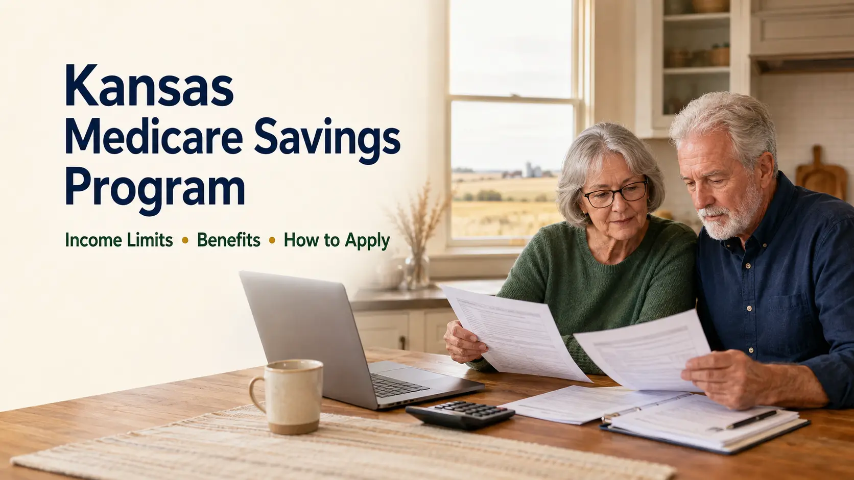 Kansas Medicare Savings Program 2026: Income Limits, KanCare Application, QMB, LMB & ELMB 1 Senior Kansas couple reviewing Medicare Savings Program paperwork with a laptop and calculator