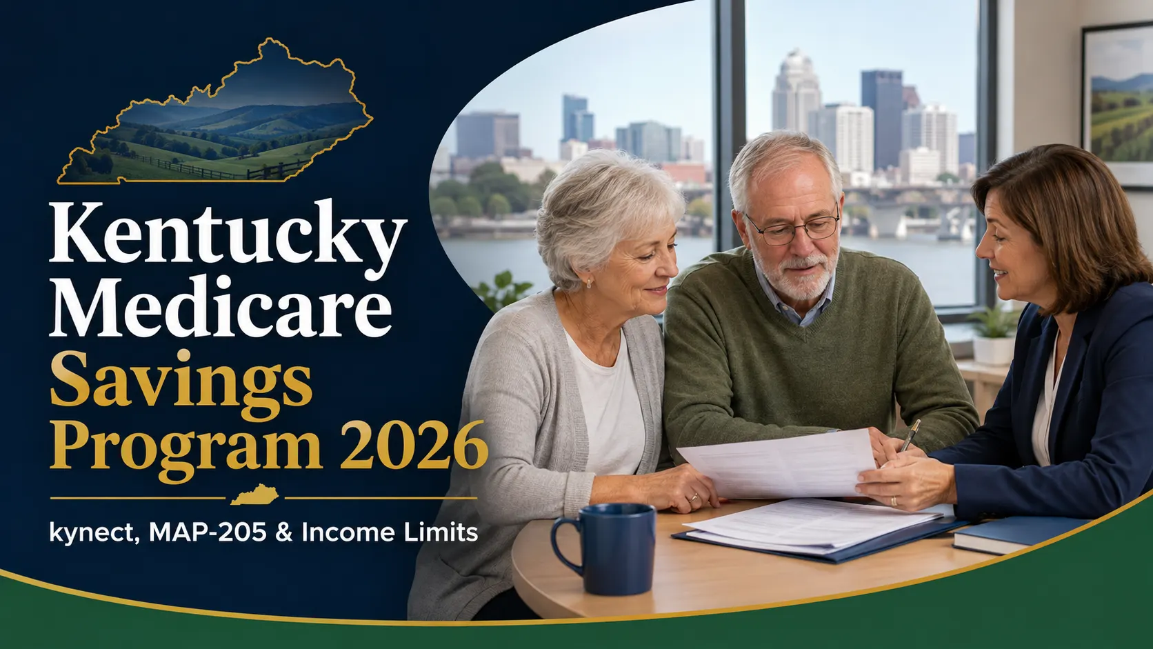 Older Kentucky couple reviewing Medicare Savings Program documents with a benefits counselor in a professional office.