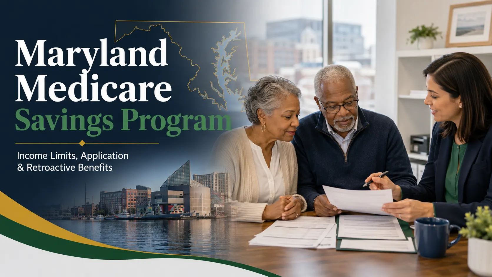 Older Maryland couple reviewing Medicare Savings Program documents with a benefits counselor.